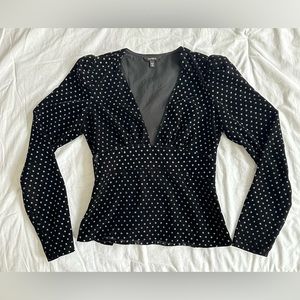 EUC Express Long Sleeve Black Velvet Silver Glitter Dot Deep V Holiday Blouse XS